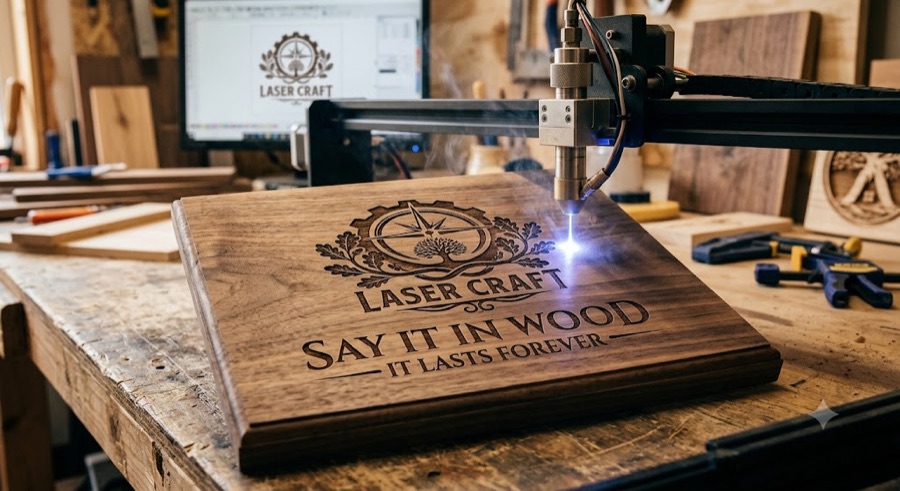 A laser engraving machine burning a logo and slogan into a wooden plaque on a workshop bench